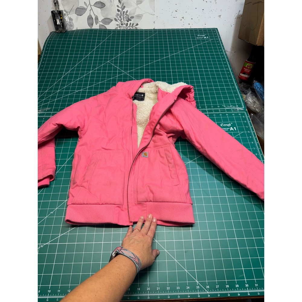 Carhartt Girls Pink Sherpa Lined Canvas Active Jacket Hooded Coat Size S 7-8